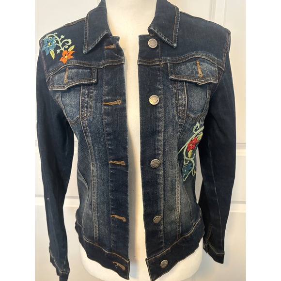Harley Davidson Womens Denim Jacket‎ Embroidered Flowers Bird Red Script Size S - Picture 2 of 8